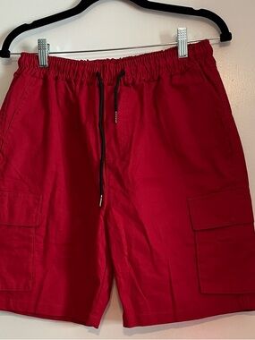 Men's Red Cargo Drawstring Shorts with Utility Pockets